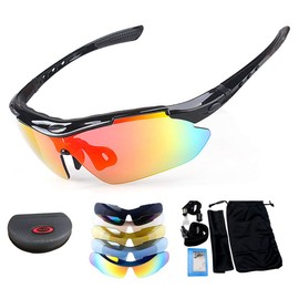 HugeAuto Polarized Sports Sunglasses With UV 400 Protection Unisex adult Plastic frame polarized sports sunglasses Sand black frame with five interchangeable lens satisfied any outdoor activities use
