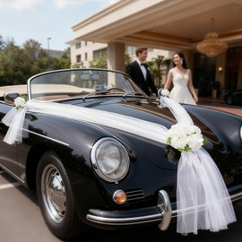 Decoración de coche de boda con cintas de satén blanco y flores artificiales, decoración de vehículo recién casado para despedida de soltera, ceremonia de boda