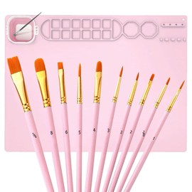 COREFUN Alfombrilla de Silicona para Pintar, 51*41cm con 10 Pinceles, Tapete de Silicona para Manualidades, Alfombrilla de Silicona para Fundición de Resina, con Vaso de Limpieza, para Pintura (Rosa)