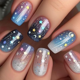 Mkwntg 24Pcs Colorful Star Press on Nails Short Square Fake Nails Fantasy Starry Sky Full Cover False Nails Brown Ombre French Tip Glossy Glue on Nails Moon Glitters Stick on Nails for Women Manicure