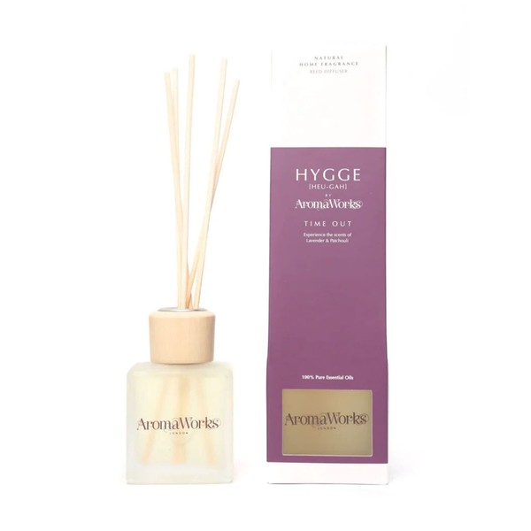 AromaWorks Hygge Time Out Reed Diffuser | Rejuvenating Blend of Lavender & Patchouli Scents | Made with 100% Pure Essential Oils | Handmade in The United Kingdom | Great Aromatherapy Gift |100 ml