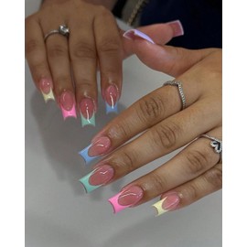 24-Piece Press On Nails Set, Medium Almond French Tips with Silver Glitter and Stars, Pink Nude, Includes Nail Glue and File (Press On Nails Set, 24 Pieces, Square French Tips, Pastel Multicolour)