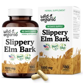 Wild & Organic Slippery Elm Bark Capsules 1000 mg - Digestive, Lung & Women's Support - Slippery Elm Supplement - Ulmus Rubra Powder - 90 Days of Supply - Vegan, No Fillers, Non-GMO - 180 Count