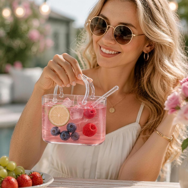Glass Purse Cup with Straw, for Cocktail Wine Juice Tea,