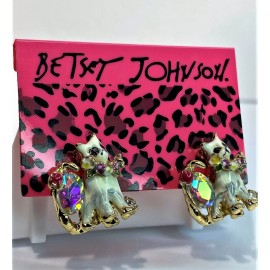 BETSEY JOHNSON WHITE MEOW CAT POST EARRINGS WITH FLOWERED COLLAR