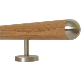 TIBU Oak Wooden Handrail Railing 0.3 m - 6 m, Length 30 cm, End Semicircular Stainless Steel Cap and 2 Straight Holders