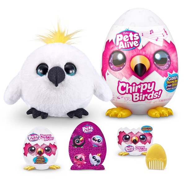 Pets Alive Chirpy Birds, Meemi the White Cockatoo, Surprise Interactive Toy Pets with Electronic Speak and Repeat, Sings 2 Unique Songs, 5 Layers of Surprises, 23 cm, Ages 3+, (White Cockatoo)