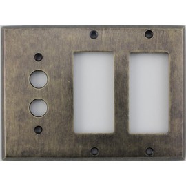 Aged Antique Brass 3 Gang Combination Switch Plate - 1 Push Button Light Switch Opening 2 GFI/Rocker Openings
