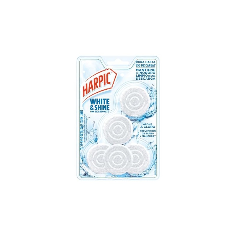Harpic White & Shine Pastillas Acuaticas con Cloro, 5 piezas