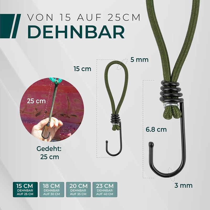 CargoVA® – 10 Bungees with Hooks and Practical Bag –