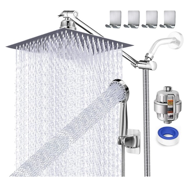 UPGRADED 10" Rain Shower Head with Handheld Spray High Pressure Rainfall Shower head with 12 inch Extension Arm Free Shower Filter for Hard Water & Chlorine + Hose & 4 Hooks, Square Dual Shower Head