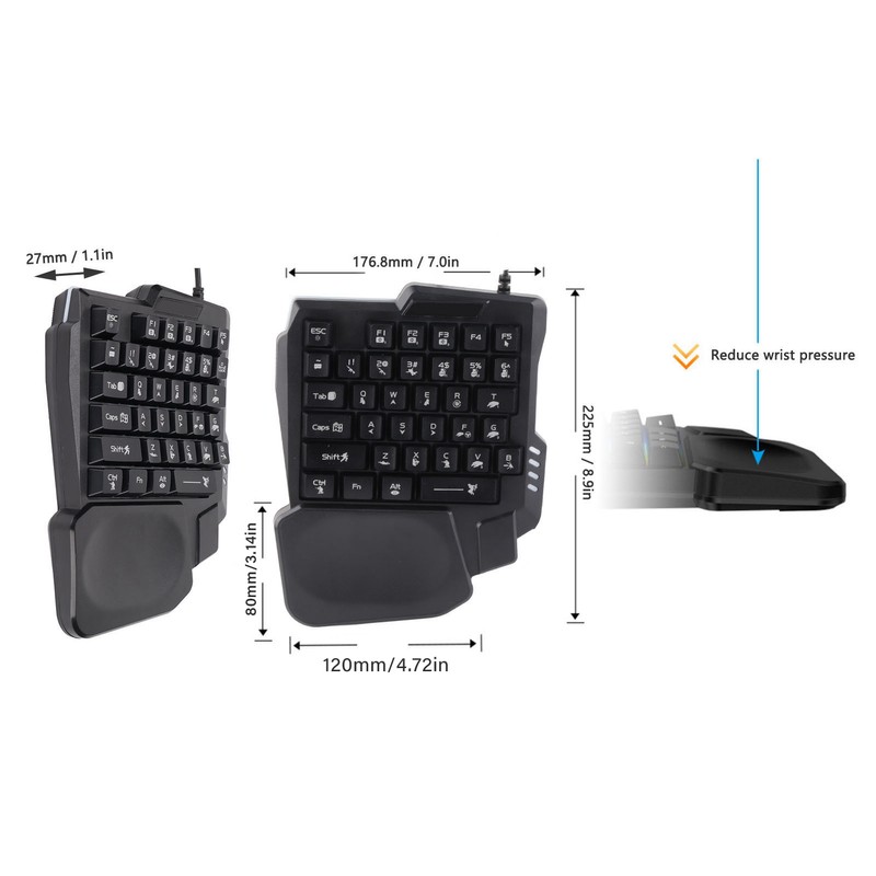 One Handed Gaming Keyboard 35 Keys Waterproof Wide Palm Rest