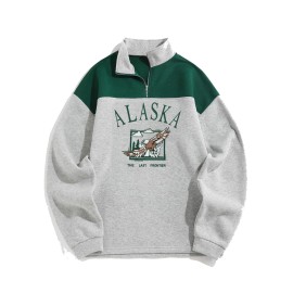 Men's Letters Embroidered Raglan Sleeve Quarter Zip Fleece Vintage Pullover SweatshirtColor: Silver, Size: M