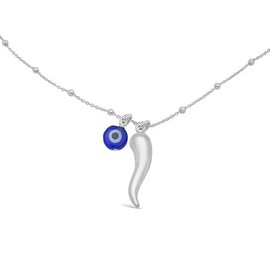 FRONAY Italian Silver Horn Necklace and Evil Eye Charm - 925 Sterling Silver Cornicello Good Luck Pendant