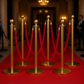 Gold Stanchions 6-Piece Stainless Steel Stanchions 4 Red Velvet Ropes Hollow Base No Electricity Required for Party SuppliesNumber of Set: 6-Piece Set with 4 Straps, Color: Golden Color