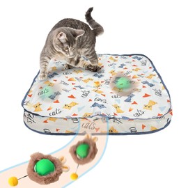 Rocfish Interactive Cat Toys Ball - Automatic Fast Rolling Ball in Play Mat, Hide and Seek Mouse Catching Game, Low-Noise Cat Enrichment Toys in Pouch for Indoor Bored Cats (Green Toy & Square Mat)