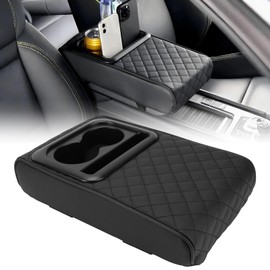 WODHMIEY Center Console Armrest Pillow, Faux Leather Car Armrest Box Pad, Universal Fit Arm Rest Cushion for Cars, SUVs, Trucks with Cup Holder, Preventing Arm Fatigue for Long Journeys(Black Model)