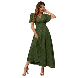 Simplee Women's Boho Floral V Neck Short Sleeve Formal Maxi Ruffle Dress Summer Long Flowy Lace Bridesmaid Wedding Party Evening Dress (L Army Green)