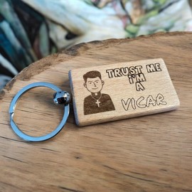 Ashton and Finch Vicar Keyring Gift – Wooden Laser Engraved Key Ring Keychain