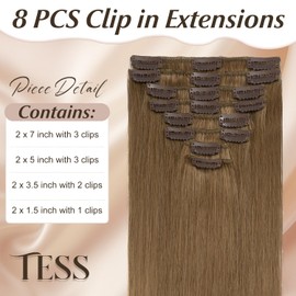 TESS Clip in Hair Extensions Real Human Hair Brown Remy Seamless 8 Pieces Straight Long for Women/Girls (#06 Light Brown, 22 Inch 75g)