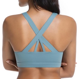 Sports Bra for Women Medium Support Criss-Cross Back Padded Strappy Sports Bras Yoga Bra with Removable Cups,Blue,L
