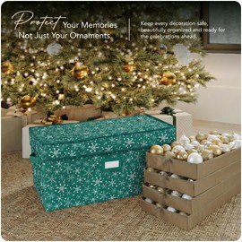 Covermates Keepsakes Adjustable Ornament Storage Box – Heavy-Duty Polyester, Padded Dividers & FlexGrid Trays – Protective Holiday Organizer with Stackable Walls & Label Window, Green Snowflake