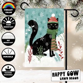 Black Cat in Snow With Green Scarf Red Hat Double Sided Garden Christmas Flag 12x18 Fall Yard Decor, Outdoor Garden Welcome Flag for Lawn, Patio Sign