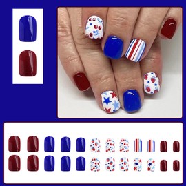 KTAABTR Independence Day Short Press on Nails July 4th Square Fake Nails with Glue Cherry Stars Stripes Acrylic Nail Design Red Blue Glossy False Nails for Girl Women DIY 24Pcs Holiday Nails