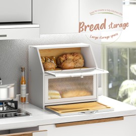 STDDRE Bamboo Bread Box with Cutting Board, Double Layer Extra Large Bread Storage Bin with Door Panel for Kitchen Counter (White)
