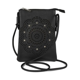 styleBREAKER 02012367 Women's Mini Bag Shoulder Bag with Flowers Laser Cut Cutout Pattern and Rhinestones Shoulder Bag Handbag, black