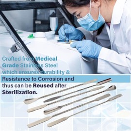 A2Z 6pc Micro Lab Spatula Sampler Set, Stainless Steel Double Ended Multi Purpose Mixing/Filling Spatulas, Square, Scoop, Round & Tapered Arrow End, for Lab,Home Use, Laboratory Supplies - 9" Length