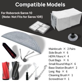 34 Pack Accessories Kit for Roborock Saros 10 Robot Vacuum, 2 Pairs Mainbrush 6 Side Brush 4 HEPA Filters 6 Dust Bags 6 Long Mop 6 Small Round Mop 2 Base Station Brush 1 CleaningBrush 1 Screwdriver