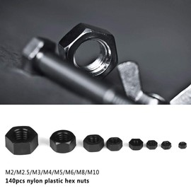 Akozon Nylon Nut 140 Pieces M2/M2.5/M3/M4/M5/M6/M8/M10 Thread Nylon Plastic Hex Nuts (Black)