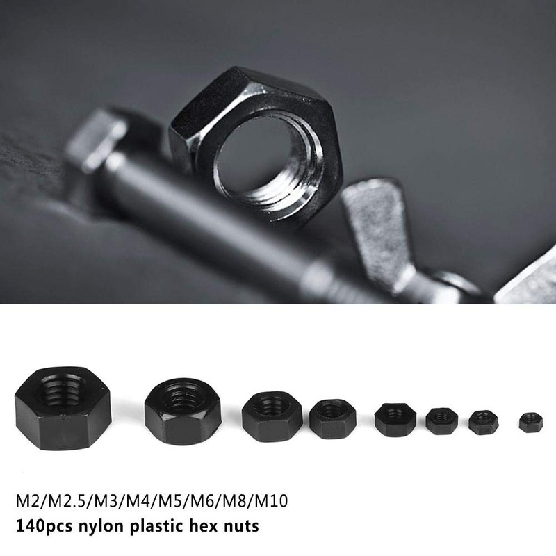 Akozon Nylon Nut 140 Pieces M2/M2.5/M3/M4/M5/M6/M8/M10 Thread Nylon Plastic Hex
