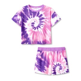 Topgal Teen Girls Tie Dye Casual Clothing Suit Pink & Purple Swirls Crop Top & Shorts Set Size 12/14