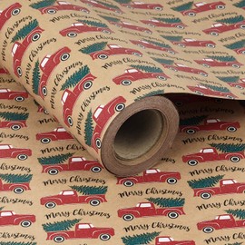 RUSPEPA Christmas Wrapping Paper, Kraft Paper - Car and Christmas Tree Design - 24 inches x 100 feet, Jumbo Roll