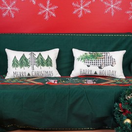 ONWAY Merry Christmas Buffalo Plaid Truck Trees Pillow Covers 12x20 Set of 2 Lumbar Seasonal Winter Happy Holiday Farmhouse Cushion Case for Home Couch Decor