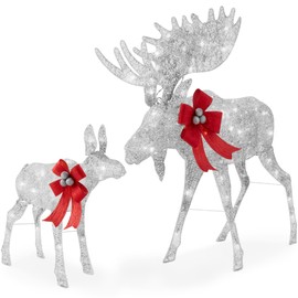 Best Choice Products 5ft 2-Piece Moose Family, Lighted Outdoor Christmas Yard Decoration, Light-Up Décor Set w/ 370 LED Lights, Zip Ties - Silver