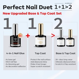 modelones Top Coat and Nail Glue 4 in 1 Set, 2 x 15 ml No Wipe Top Coat, Nail Glue Base Gel Base Coat, Nail Glue for Artificial Nails, Suitable for Fake Nail Tips Glue, Manicure Salon DIY