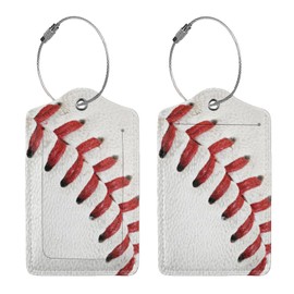 Baseball Texture Luggage Tag Privacy Cover Id Card Stainless Steel Loop Leather Travel Baggage Identifiers Tags Luggage for Women Men Suitcase Name Lable Card (2pcs)