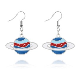 MALOYANVE Planet Earrings for Women Creative Cute Enamel Moon Star Earth Satellite Saturn Blue Tone Dangle Drop Universe Earrings Jewelry Gifts (Blue)