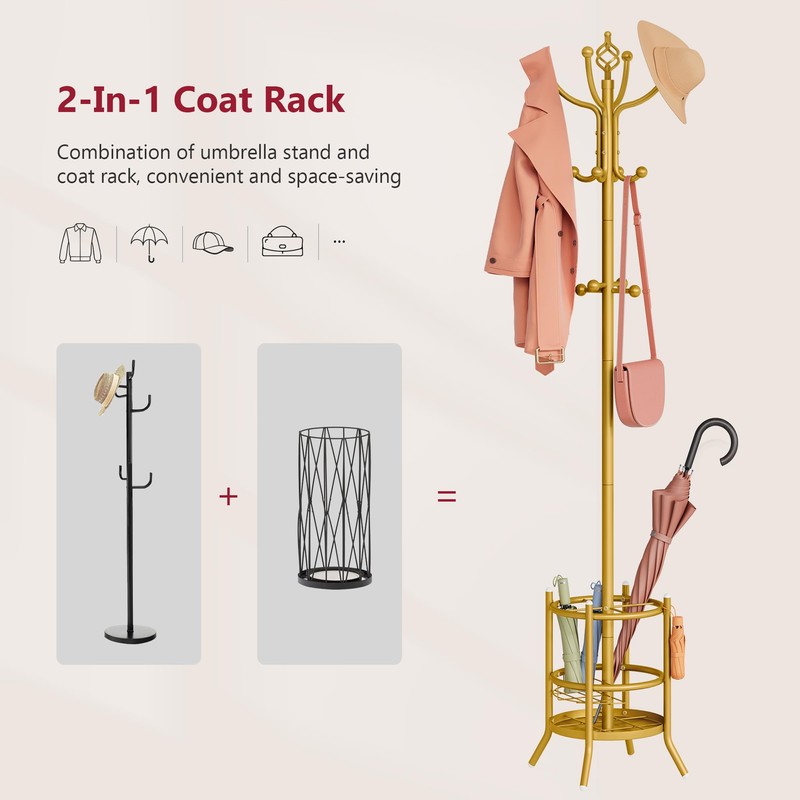 Tajsoon Coat Tree with Umbrella Holder, Coat Rack Freestanding, Coat