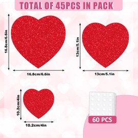 JarThenaAMCS 45Pcs Valentine's Day Paper Cut-Outs with Glue Points Red Pink Purple Glitter Heart Shape Cutouts Bulletin Board Decor for DIY Craft Art School Home Party Favor Supplies