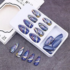Medium Press on Nails Almond Fake Nails Blue Amber False Nails with Gold Glitter Line Designs Full Cover Stick on Nails Exquisite Blue Purple Stick on Nails for Women Girls Manicure Decoration