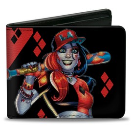 Buckle-Down Men's PU Bifold Wallet-Harley Quinn Issue #20 LA Baseball Cover Pose Diamonds Black/Red, Multicolor, 4.0" x 3.5"
