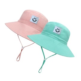 Baby Sun Hat Smiling Face UPF 50+ Beach Toddler Bucket Hat for Baby Boys and Girls, Toddler Kids Wide Brim Sun Hats Cap (US, Age, 0 Months, 6 Months, Pink+Blue)