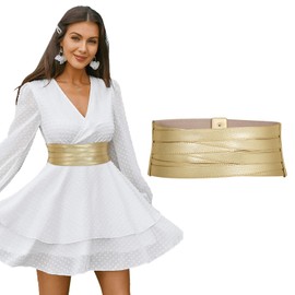 LEACOOLKEY Women Wide Leather Belt for Dress Wide Elastic Stretchy Belt for Women Obi Belt Wide Cinch Belt Thick Belt,Gold，Suit for Waist Size 30"-34"