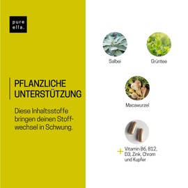 Pure Ella STOFFWECHSEL AKTIV - Bei Stoffwechselkur für Frau ab 50 - Grüntee, Salbei, Maca, Zink, Chrom, Kupfer, Vitamin B6, B12 & D3 - Natürlich, Vegan, Hochdosiert, Hormonfrei - 180 Kapseln