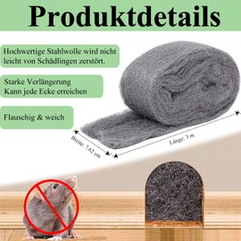 Steel Wool Against Mice - 2 Rolls 8 cm x 3.2 m Steel Wool Fine, Column Filter for Home and Garage - Keeps Mice Away from Holes, Cladding, Pipes, Ventilation in the Garden and House (2 x 100 g)