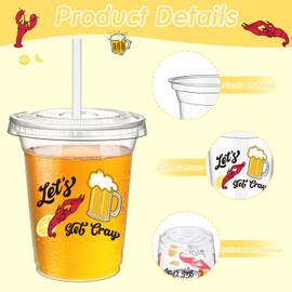 FoldTier 60 Pcs Crawfish Boil Cups Bulk 12 oz Lobster Plastic Cups with Straw Let's Get Cray Disposable Clear Crawfish Drinking for Crayfish Crab Seafood Boil Party Decoration Supplies